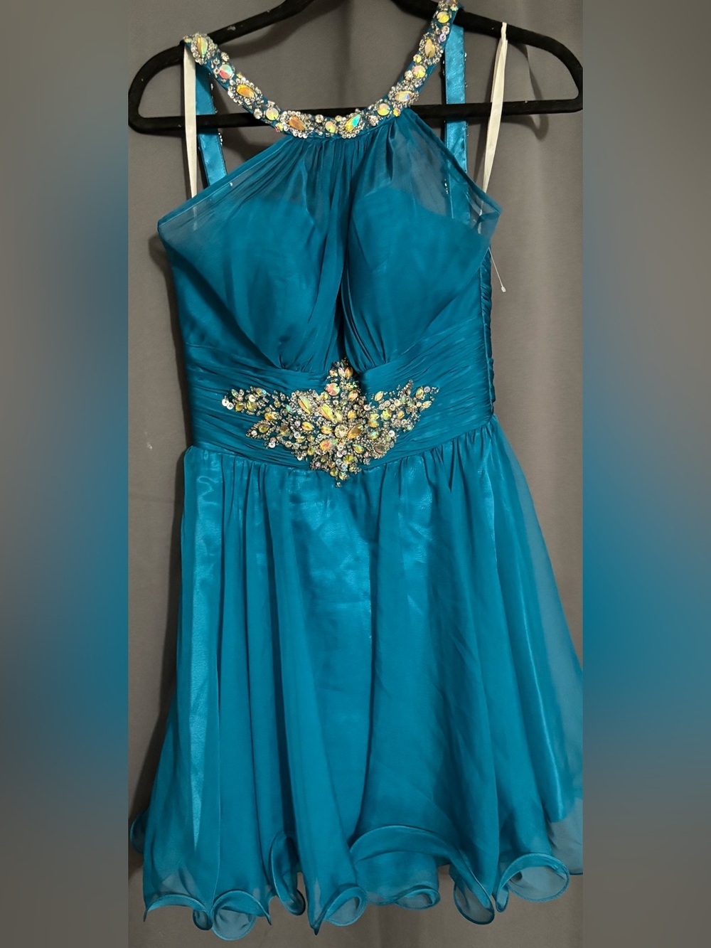 Mac Duggal - rhinestone teal halter cocktail dress size 6